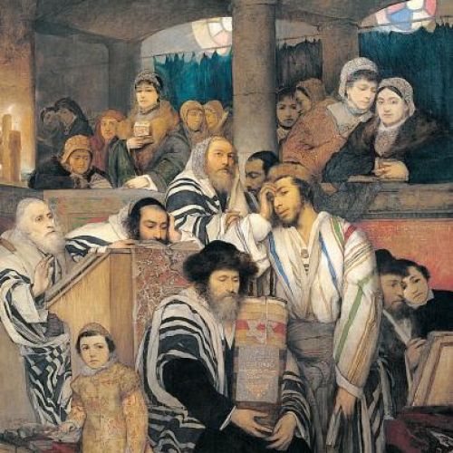 Maurycy Gottlieb Żydzi modlący się w synagodze w Jom Kippur , 1878 r., Muzeum Sztuki w Tel Awiwie