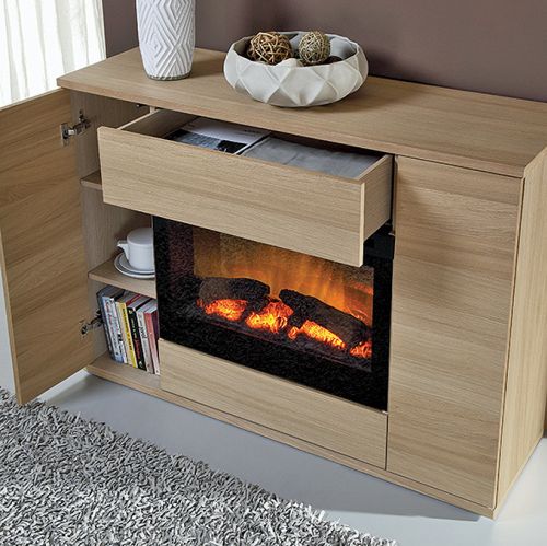 Meble Teo z elektrycznym kominkiem ukrytym w komodzie, projekt Roberta Kowalczyka, PAGED MEBLE