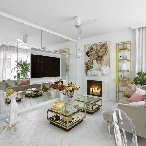 białe wnętrza ze złotymi dodatkami w stylu glamour
