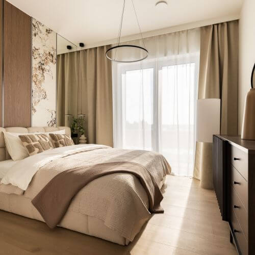 przytulna sypialnia w naturalnych kolorach w stylu japandi