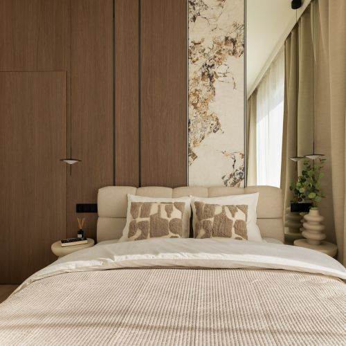 sypialnia w naturalnych kolorach w stylu japandi