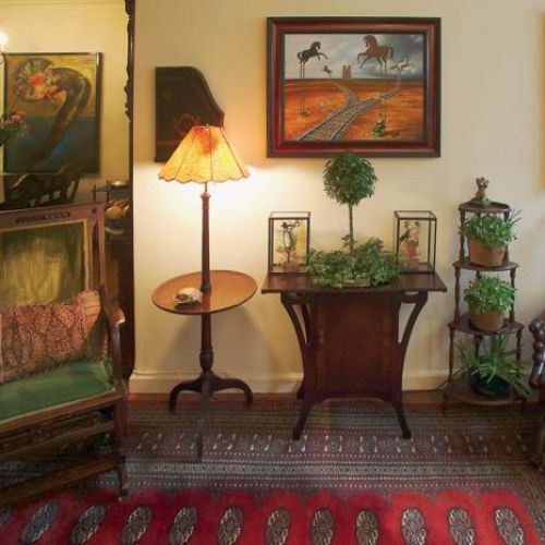 Na konsoli i półkach stoją doniczki z kwiatami.