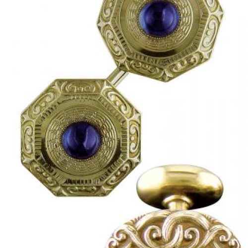 Niebieski szafir w złotej oprawie, rewers z 14-karatowego złota, ok. 1920 r., Gough Company,