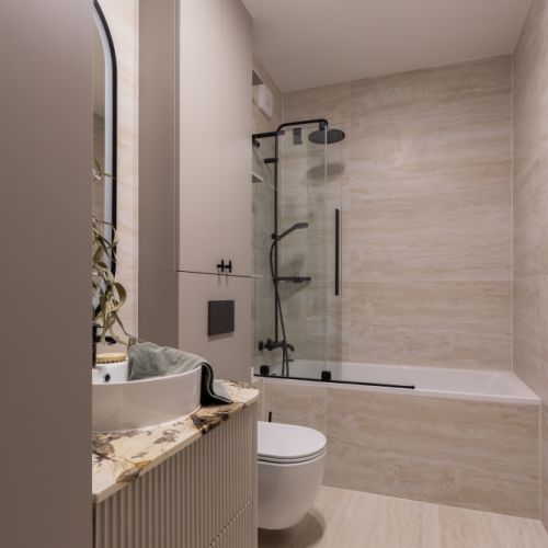 nowoczesna łazienka beżowa z czarnym