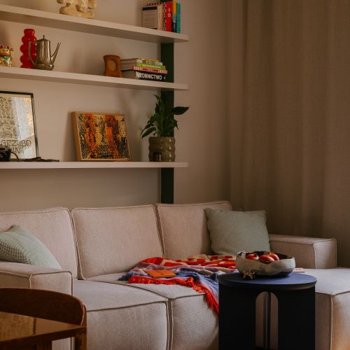 jasna sofa z kolorowym kocem i poduszkami pod łukowatą półką z książkami i dekoracjami w salonie