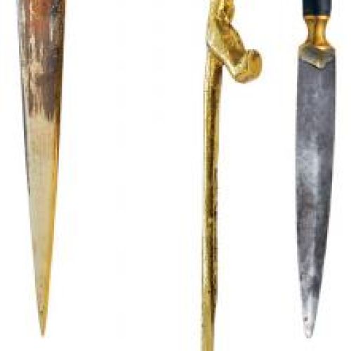 Nóż cynowy z głową psa. Nóż w kształcie jamnika. Kordzik z rękojeścią w formie ptaka, 1. poł. XX w., DESA UNICUM.