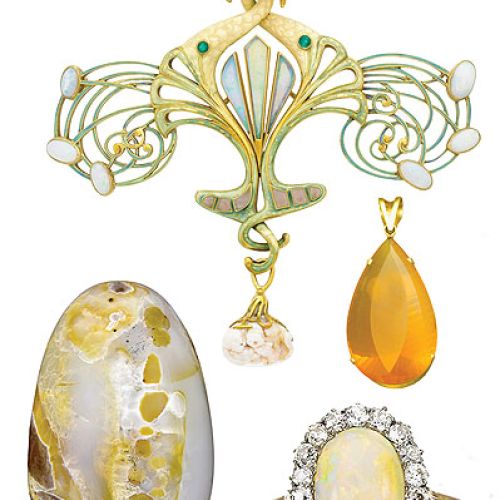 Od góry: broszka w kształcie splecionych pawi: opal, perły i złoto, projekt George Fouquet, 1900