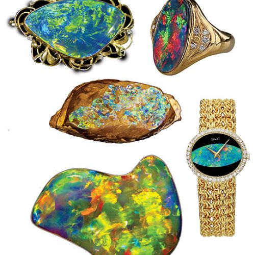 Od góry: czarny opal australijski, bonhams.com, pierścień z australijskim opalem, opal pawi, damski złoty zegarek z opalem,