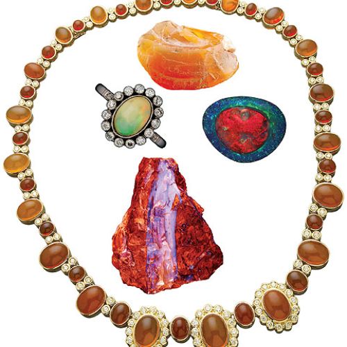 Od góry: opal ognisty, opal mleczny z diamentami, bukowskis.com, słynny The Flame Queen, bonhams.com, opal