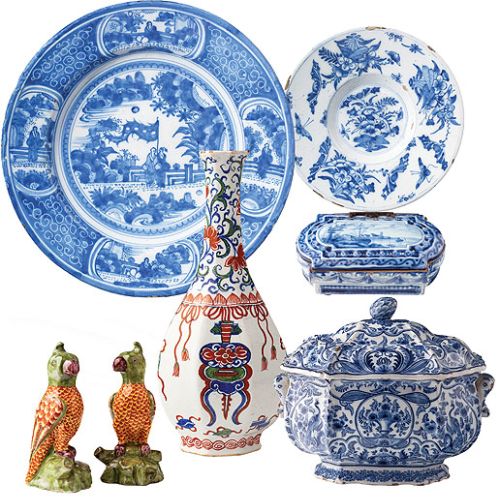 Od lewej: duży talerz ze scenkami rodzajowymi, 1660-1680 r., mały talerz zdobiony stylizowanymi motywami roślin i