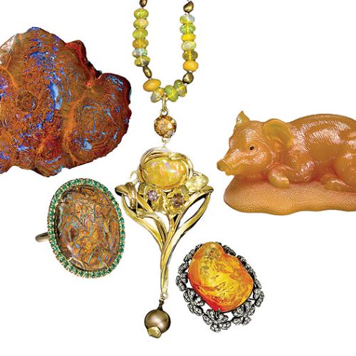 Od lewej: opal w skamieniałym drzewie, Science Photo Library, pierścionek zdobiony opalem i szmaragdami,