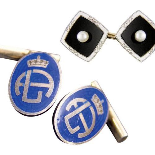 Onyksowe, artdecowskie spinki z perłą w środku, ok. 1930 r., Carrington Company, WWW.JEWELRYEXPERT.COM Srebro