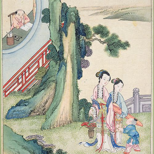 Piszący mężczyzna i jego rodzina nad brzegiem rzeki , XIX w., Bridgeman Art Library