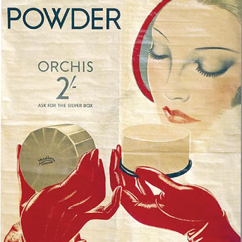 Plakat reklamujący puder Yardley. Opakowania kosmetyków