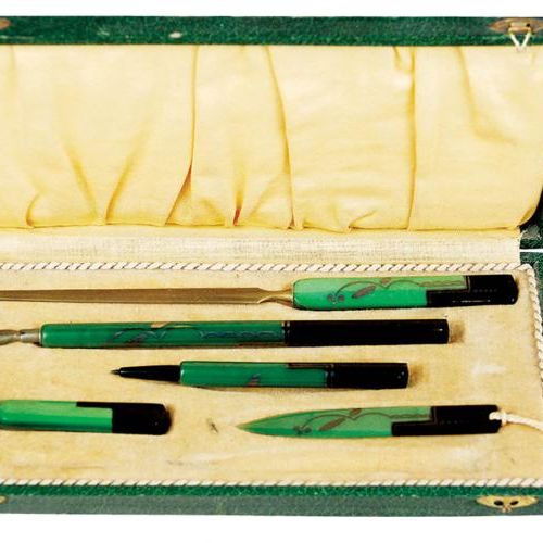 Podróżny komplet przyborów do pisania, jest tu też nożyk do papieru, Niemcy, lata 20-30 XX w., REMPEX.