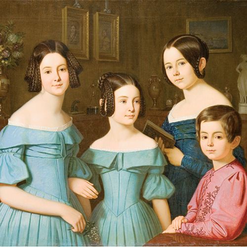 Portret dzieci w salonie, E. Resch, 1839 r.Kostium Pierrota był jednym z ulubionych przebrań.