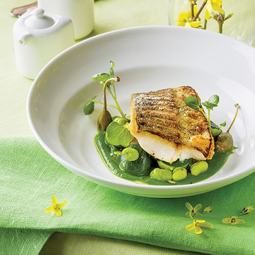 Sandacz z rukwią wodną, cukinią i bobem