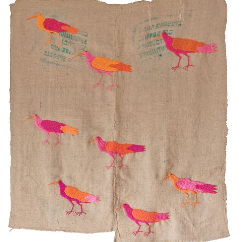 Ptaki wyhaftowane na worku - Katarzyna Markiewicz.