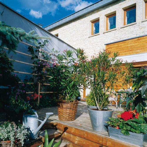 Rośliny w donicach sprawiają wrażenie, że taras i ogród przenikają się.