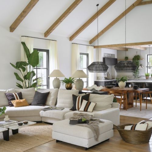 salon z kuchnią w stylu farmhouse