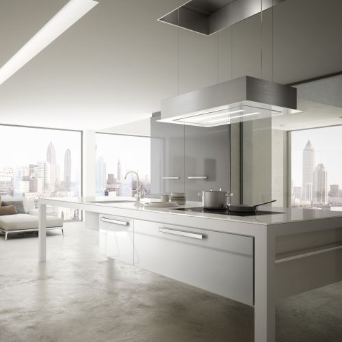 Skylift. Niepowtarzalny okap podsufitowy, który obniża się nad płytę.