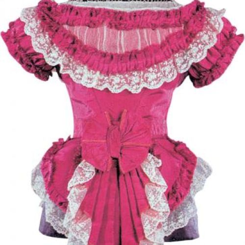 Stanik sukni balowej przyozdobiony kokardą, z 1875 r., przykład charakterystycznego dla mody tego okresu akcentowania