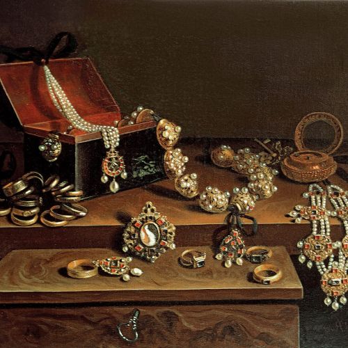 Szkatułka z niemiecką biżuterią na stole , Pieter Gerritsz van Roestraten