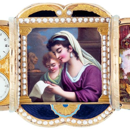 Szkliwiona tabakiera z ukrytą pozytywką i zegarem, wysadzana perłami, 1820 rok, MEDIUM