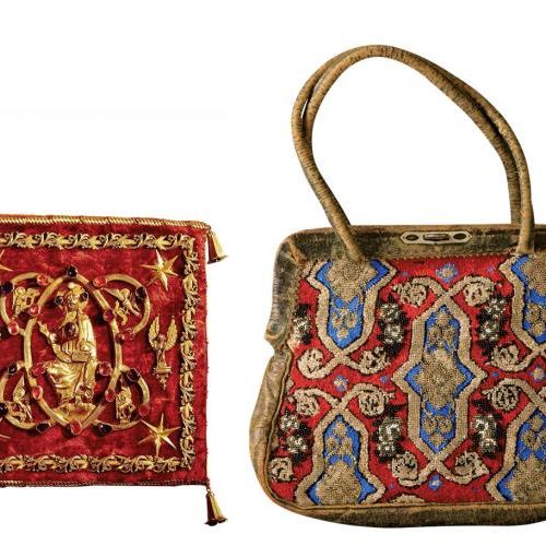 Torebka używana w liturgii katolickiej, z aksamitu, z granatami osadzonymi w złocie, XIII-XV w. Niemcy,