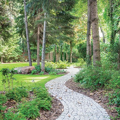W zacienionym ogrodzie świetnie wyglądają ścieżki z jasnego granitu, naturalne kamienie porosłe mchem, bukszpany i