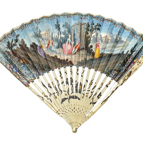 Wachlarz składany ze sceną rodzajową, pozłacana i posrebrzana kość, papier, Francja, ok. 1770 r.