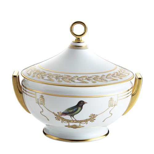 Waza z motywem ptaków – ręcznie malowana seria Volière, tu talerz obiadowy i waza, zestaw dla 12 osób kosztuje