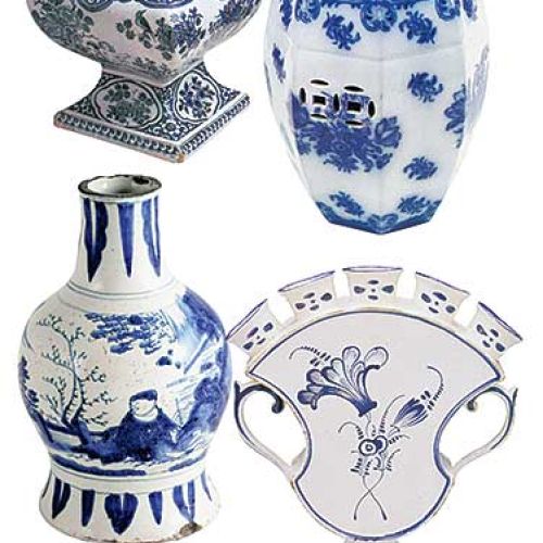 Wazon na tulipany w kształcie poduszki, Delft, Holandia, ok. 1690 r. Stołek ogrodowy, Anglia, ok. 1850 r.