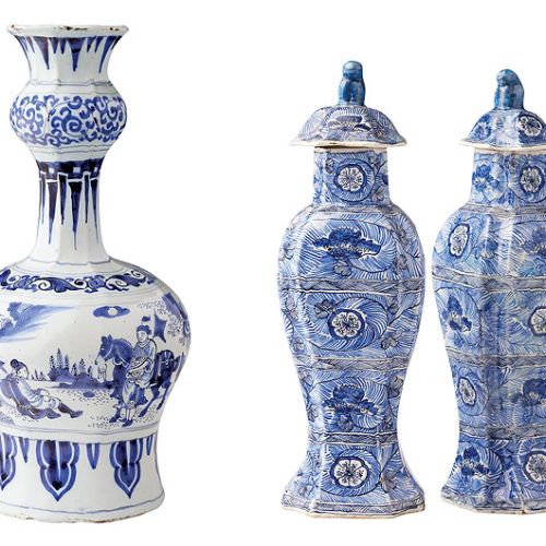 Wazon o charakterystycznym kształcie tykwy, 1660-1680 r. (lewa) i para bliźniaczych wazonów, warsztat De Twee Scheepjes,