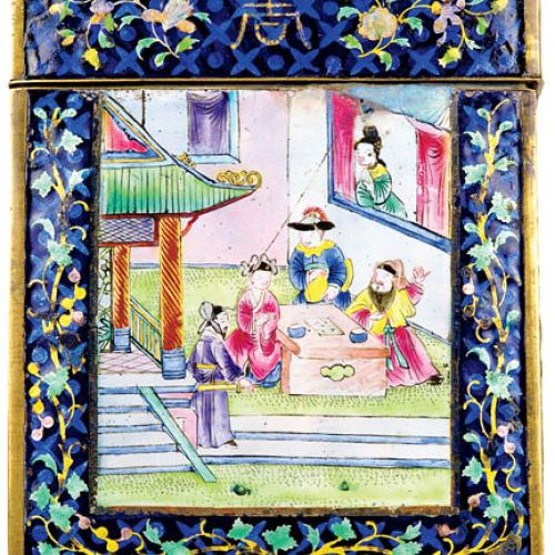 Wizytownik. Malowana porcelana (na obu stronach), oprawiona w brąz. Motywy spotykane na chińskich talerzach, ale