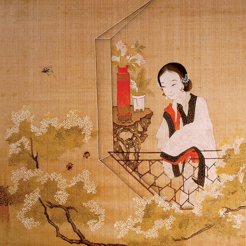 XIX-wieczny obraz przedstawiający kobietę na balkonie.