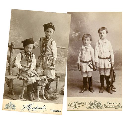Z lewej strony: w stroju krakowskim, T. Mroczkowski, Tarnów. Z prawej: chłopcy w tunikach, B. Henner, Przemyśl