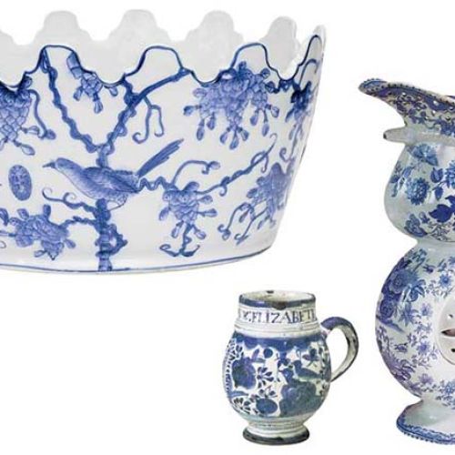 Żardiniera, kolekcja prywatna. Kubek w kształcie baryłki, Anglia, ok. 1635 r. Dzban z dekoracją kwiatową, Anglia, ok. 1825