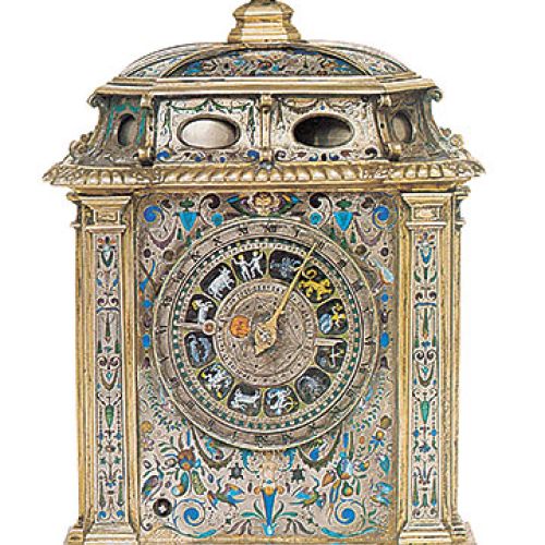 Zegar stołowy zdobiony emalią, srebro, złocenia, Augsburg, 1600 r., Muzeum Historii Sztuki w Wiedniu.