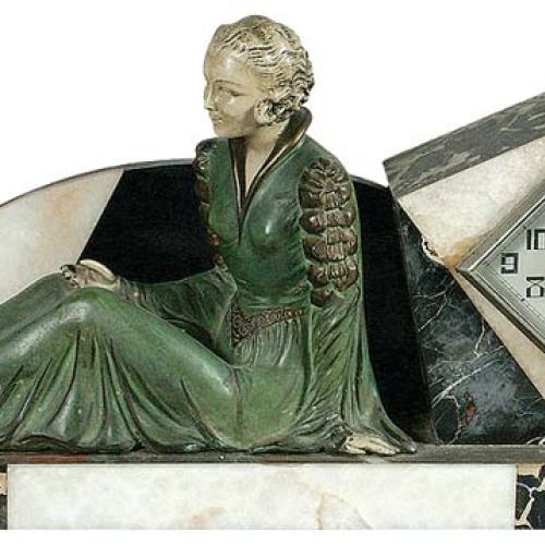 Zegar w stylu art déco, malowana kompozycja metali, Europa Zachodnia, lata 30. XX w. cw 2000 zł, niesprzedany, Rempex.