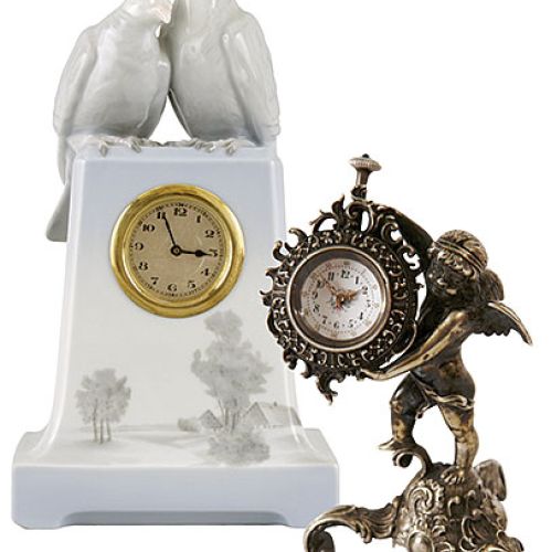 Zegar z synogarlicami, porcelana, Lichte (Turyngia), lata 20. XX w. cw 1300 zł, niesprzedany, Ostoya. Srebrny zegarek w