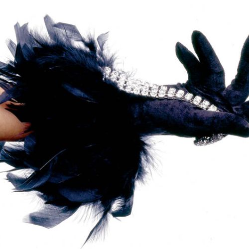 Zmysłowo - długa czarna rękawiczka z piórami i brylanty.