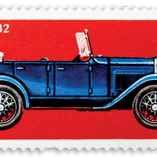 Znaczek pocztowy. Pan samochód i samochodziki