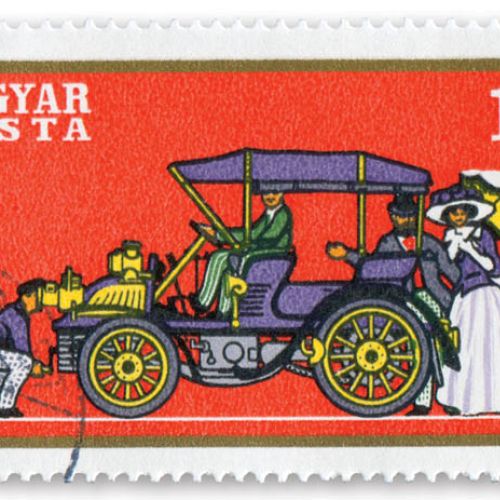 Znaczek pocztowy. Pan samochód i samochodziki