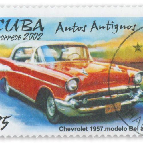 Znaczek pocztowy z Chevroletem. Pan samochód i samochodziki