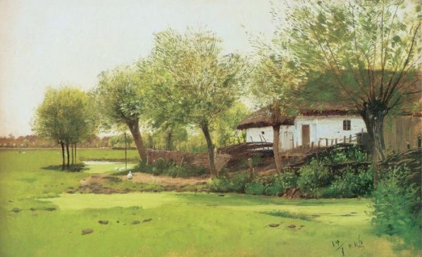 Roman Kochanowski, Zielony pejzaż z chałupą 1886 r., własność prywatna.