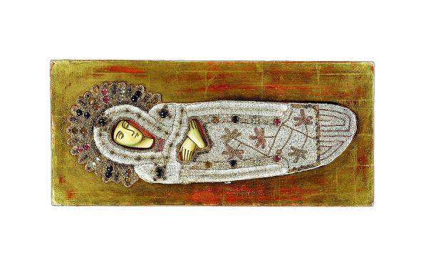 Ikona Zaśnięcie Bogurodzicy w paciorkowej sukience, Rosja XIX w.