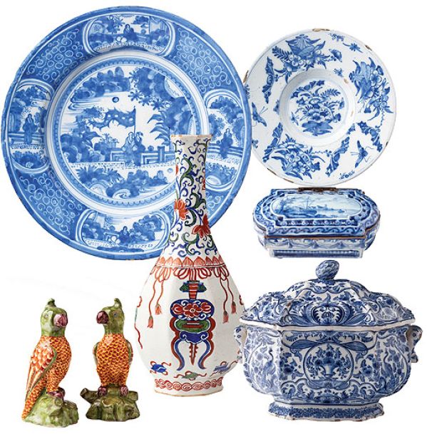 Od lewej: duży talerz ze scenkami rodzajowymi, 1660-1680 r., mały talerz zdobiony stylizowanymi motywami roślin i