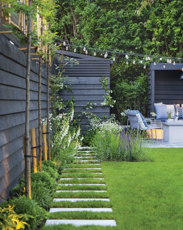 mały przydomowy ogród z paleniskiem