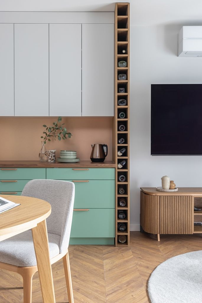 aranżacja mieszkania 53 m2 w zieleni i błękicie